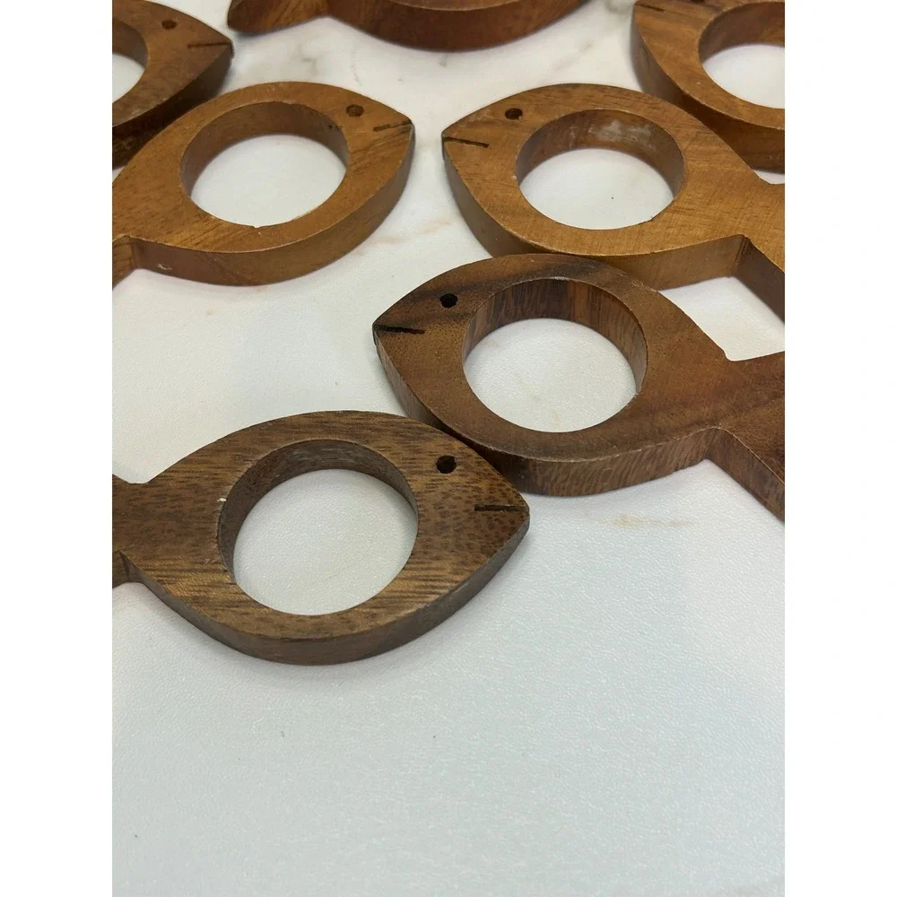 Vintage Wooden Napkin Rings Set of 13 Fish and Geometric Shapes Philippines Wood